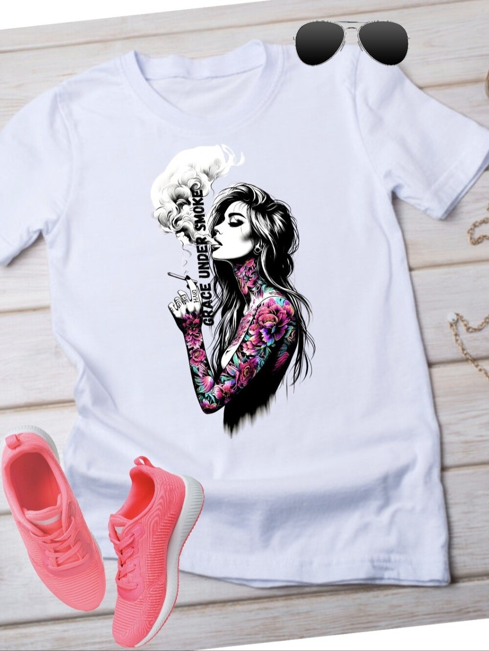 Luxury Grace Under Smoke Tattoo Rhinestone Tee - Unisex L